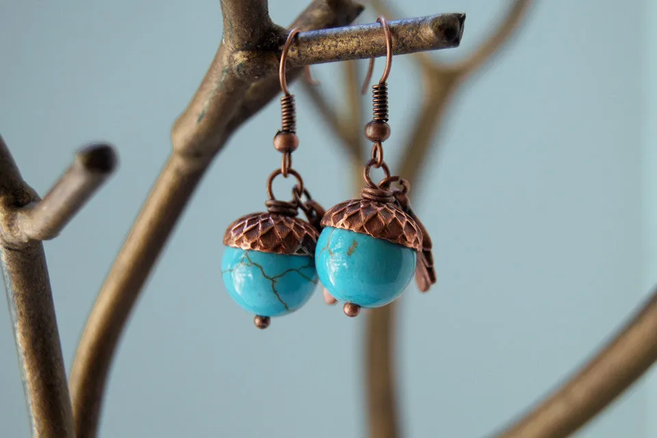 Copper Acorn Earrings | Pearl or Gemstone Acorn Charm Earrings | Fall Earrings | Nature Jewelry