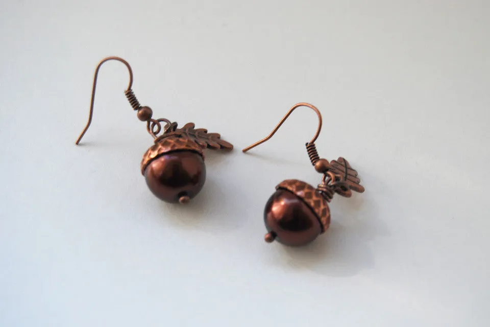 Copper Acorn Earrings | Pearl or Gemstone Acorn Charm Earrings | Fall Earrings | Nature Jewelry