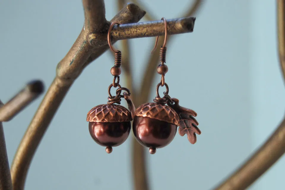 Copper Acorn Earrings | Pearl or Gemstone Acorn Charm Earrings | Fall Earrings | Nature Jewelry