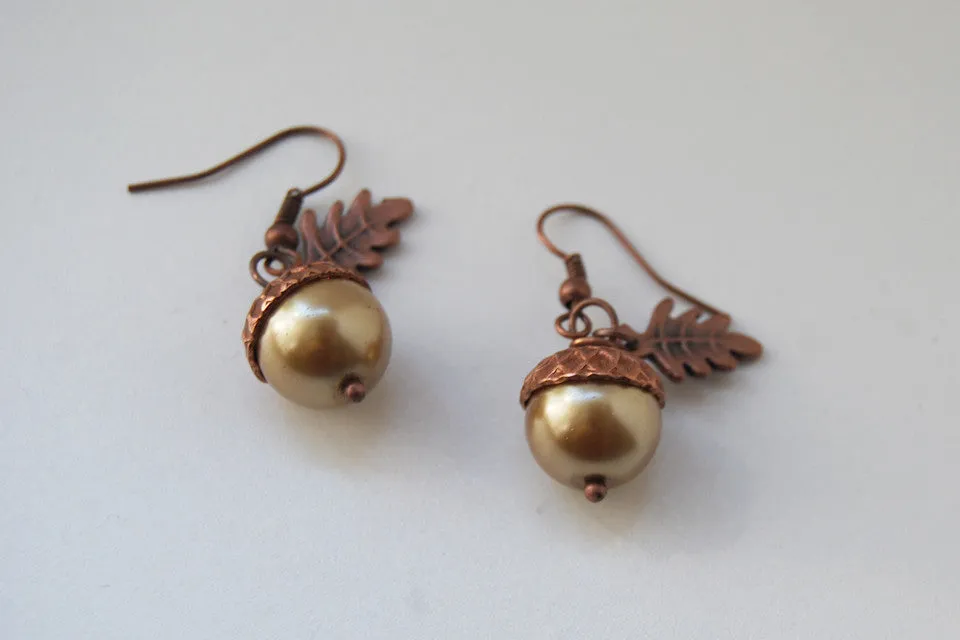 Copper Acorn Earrings | Pearl or Gemstone Acorn Charm Earrings | Fall Earrings | Nature Jewelry