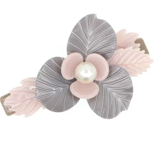 Crystalmood Cellulose Acetate Flower w/ Leaves Hair Barrette w/ Pearl Pink