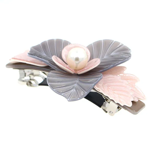 Crystalmood Cellulose Acetate Flower w/ Leaves Hair Barrette w/ Pearl Pink