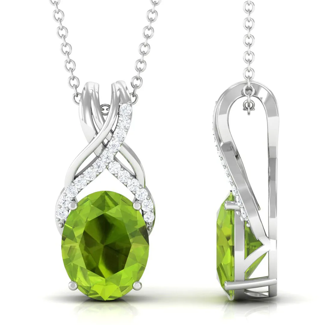 Designer Oval Peridot Solitaire Pendant with Diamond Twisted Bail