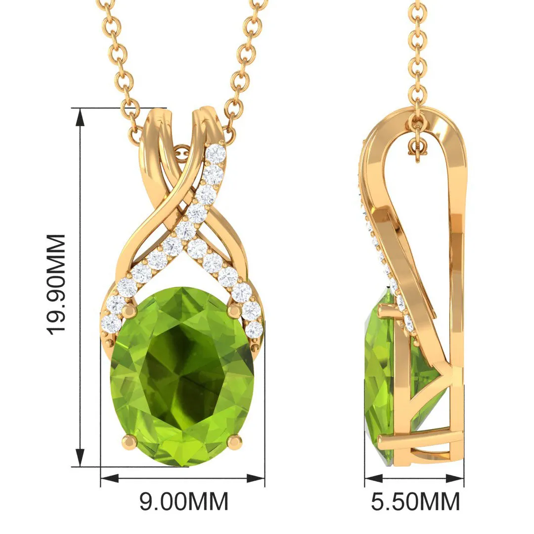 Designer Oval Peridot Solitaire Pendant with Diamond Twisted Bail