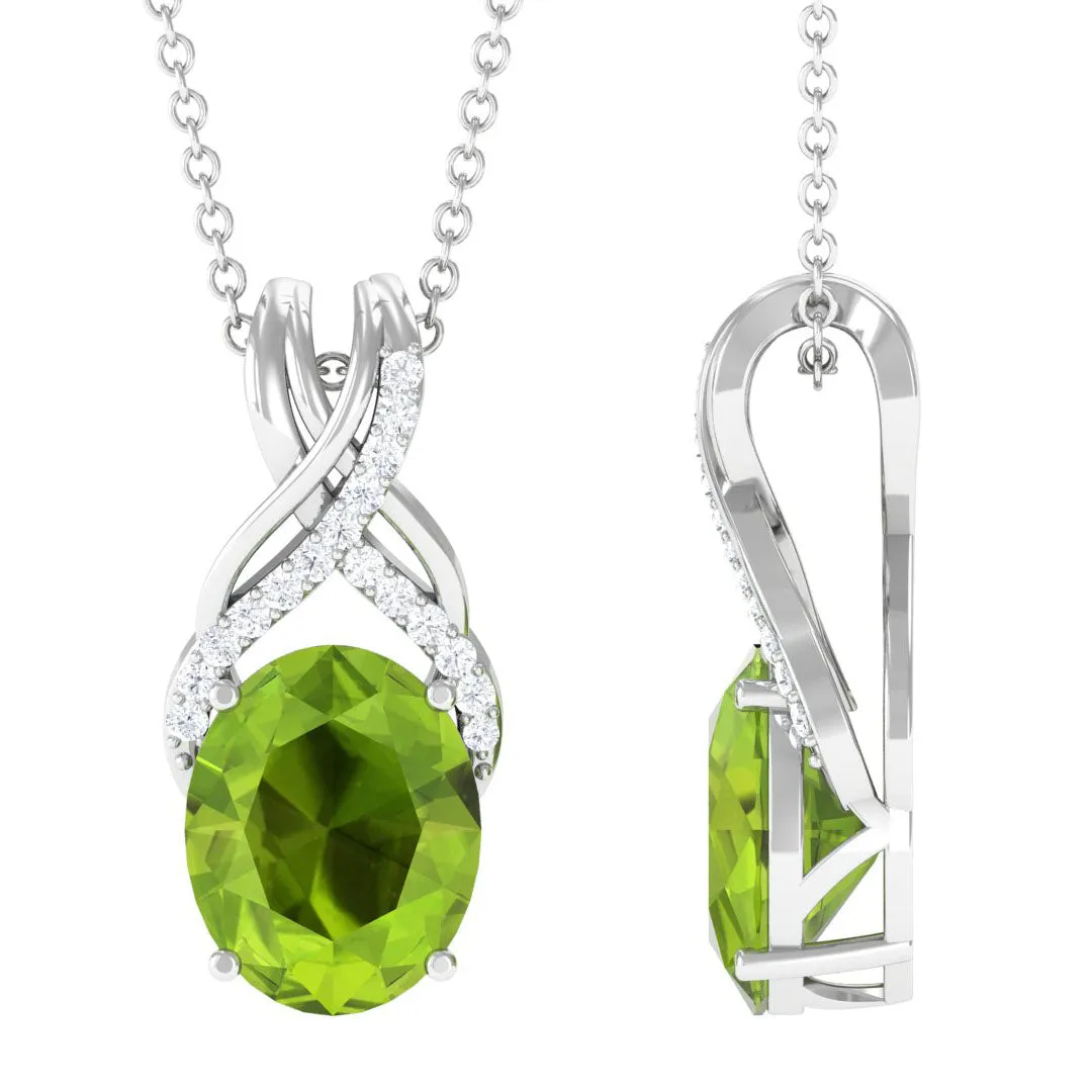 Designer Oval Peridot Solitaire Pendant with Diamond Twisted Bail