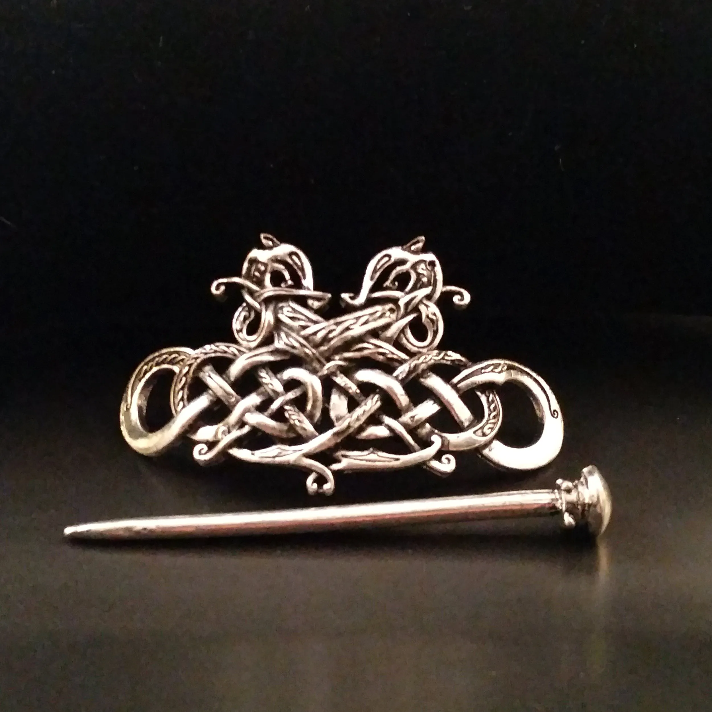 Dragon Hair Pin Barrette Silver Knot Work Celtic Viking Style