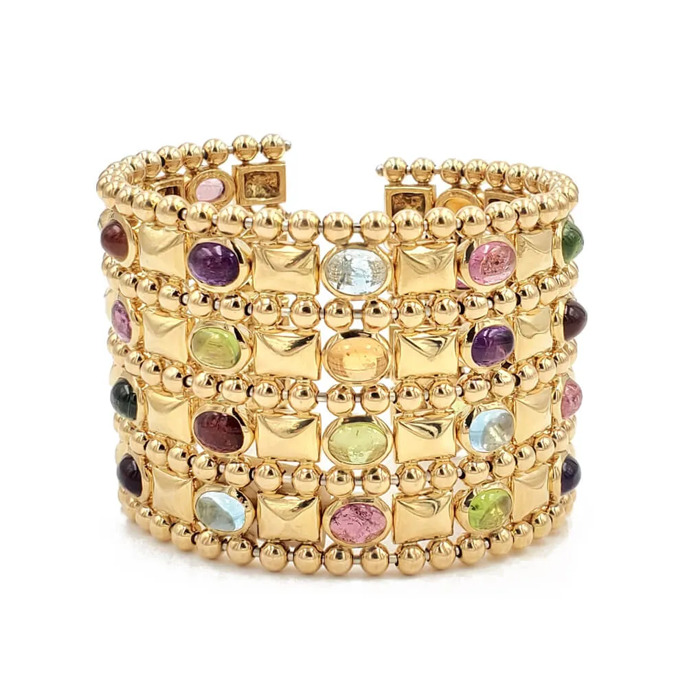 Estate 18K Yellow Gold Multi-gemstone Cuff Bracelet, 133.81g