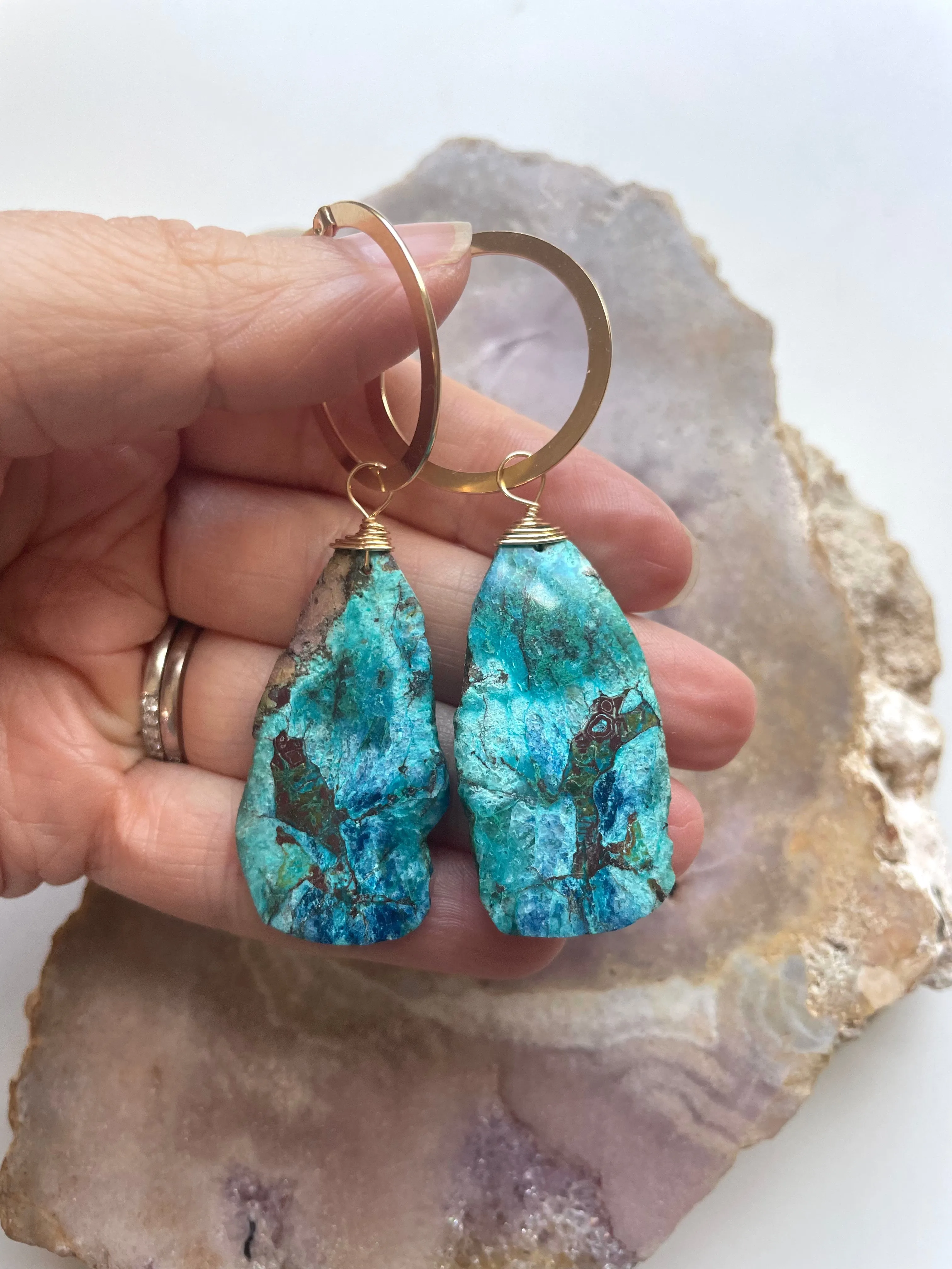 Extra Large Chrysocolla Gold Filled Statement Hoop Crystal Gemstone Earrings