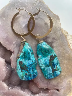 Extra Large Chrysocolla Gold Filled Statement Hoop Crystal Gemstone Earrings