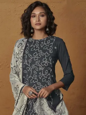 Fashionable Grey Cotton Digital Print Unstitched Suit With Rich Mirror Work