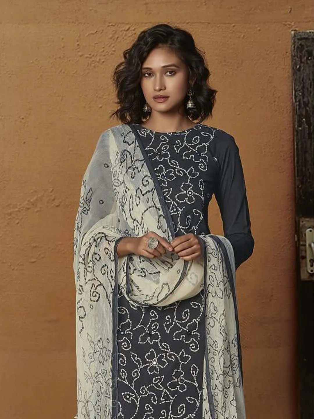 Fashionable Grey Cotton Digital Print Unstitched Suit With Rich Mirror Work