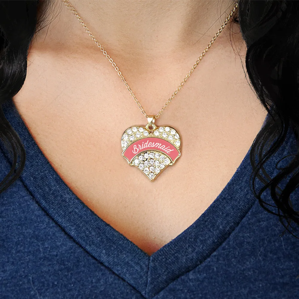 Gold Coral Bridesmaid Pave Heart Charm Classic Necklace