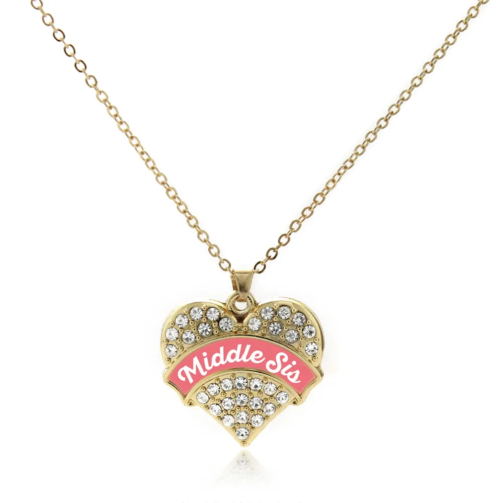 Gold Coral Middle Sister Pave Heart Charm Classic Necklace