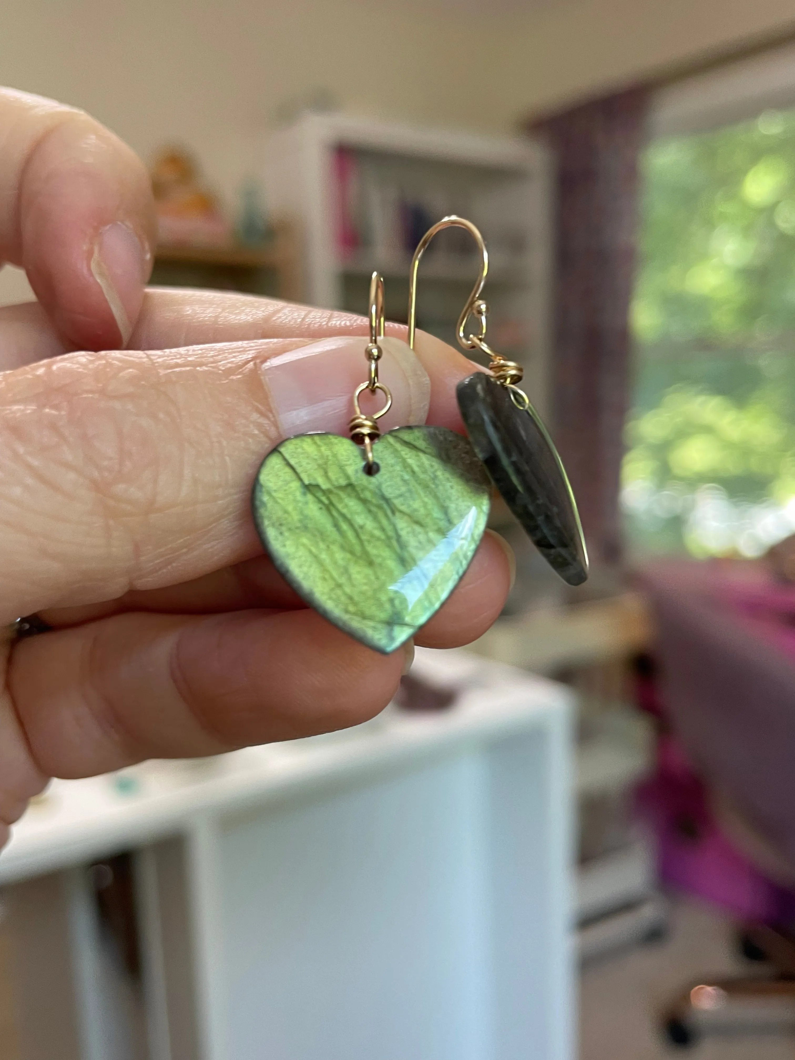 Gold Labradorite Heart Dangle Drop Crystal Earrings