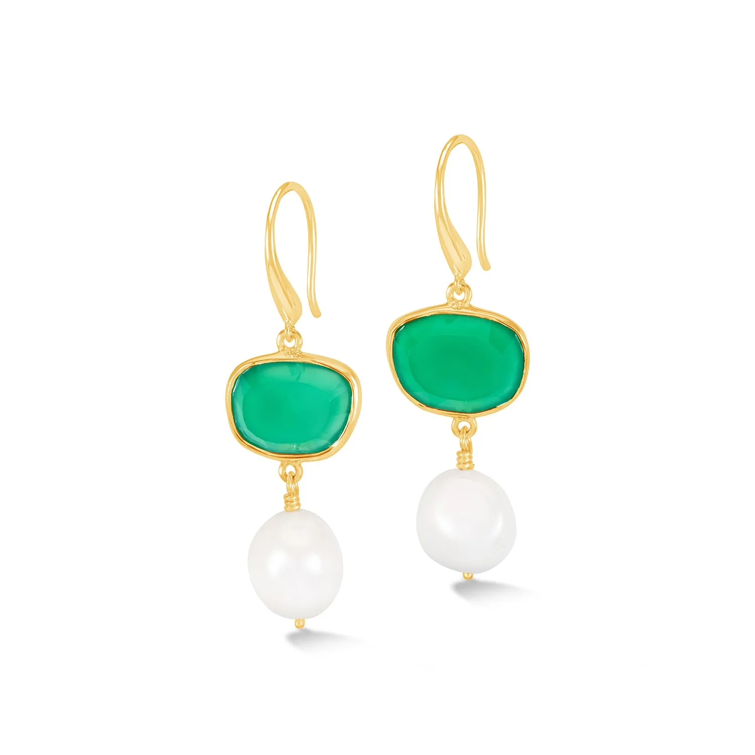 Green Onyx Pebble & Pearl Drop Earrings