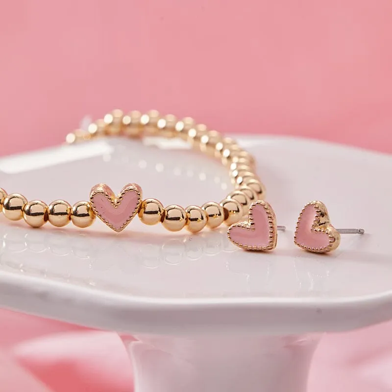 Heart Stretch Bracelet   Stud Earring Set In Pink