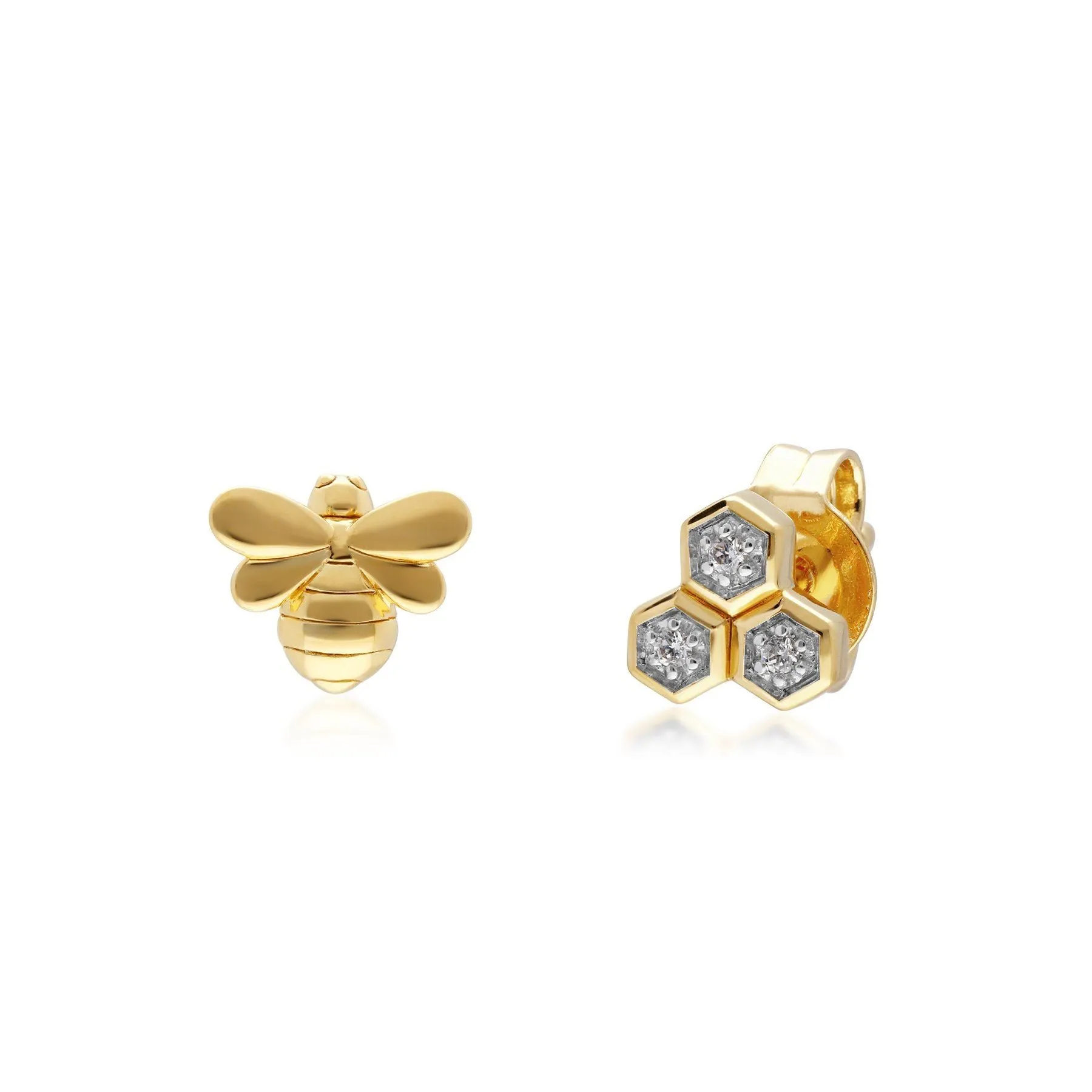 Honeycomb Diamant Asymmetrisch Biene Ohrringe in 9ct Gelb Gold