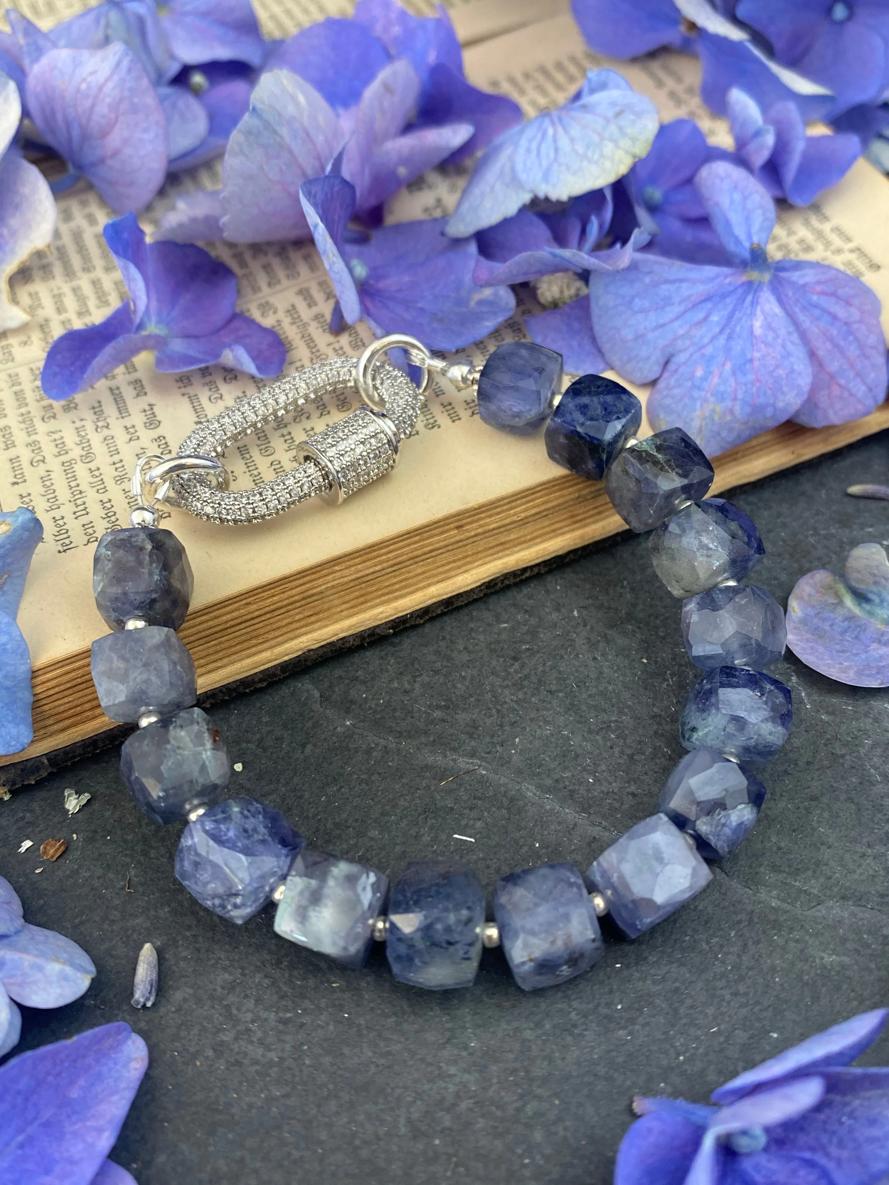 Iolite gemstone and rhinestone, silver clasp, bracelet