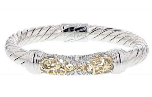 Italian Sterling Silver Bangle Bracelet with 0.50ct diamonds and 14K solid yellow gold accents