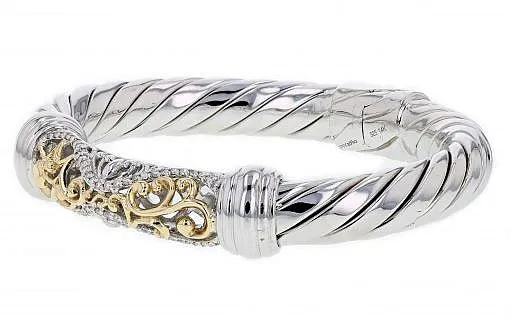 Italian Sterling Silver Bangle Bracelet with 0.50ct diamonds and 14K solid yellow gold accents