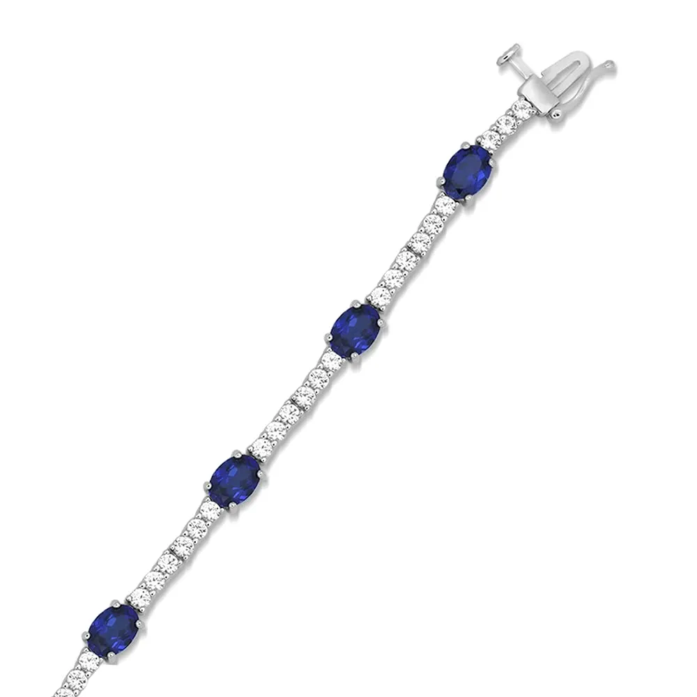 Jewelili Sterling Silver With Created Blue Sapphire and Created White Sapphire Bracelet, 7.5"