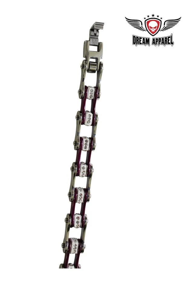 Large Chrome and Violet Motorcycle Chain Bracelet with Gemstones