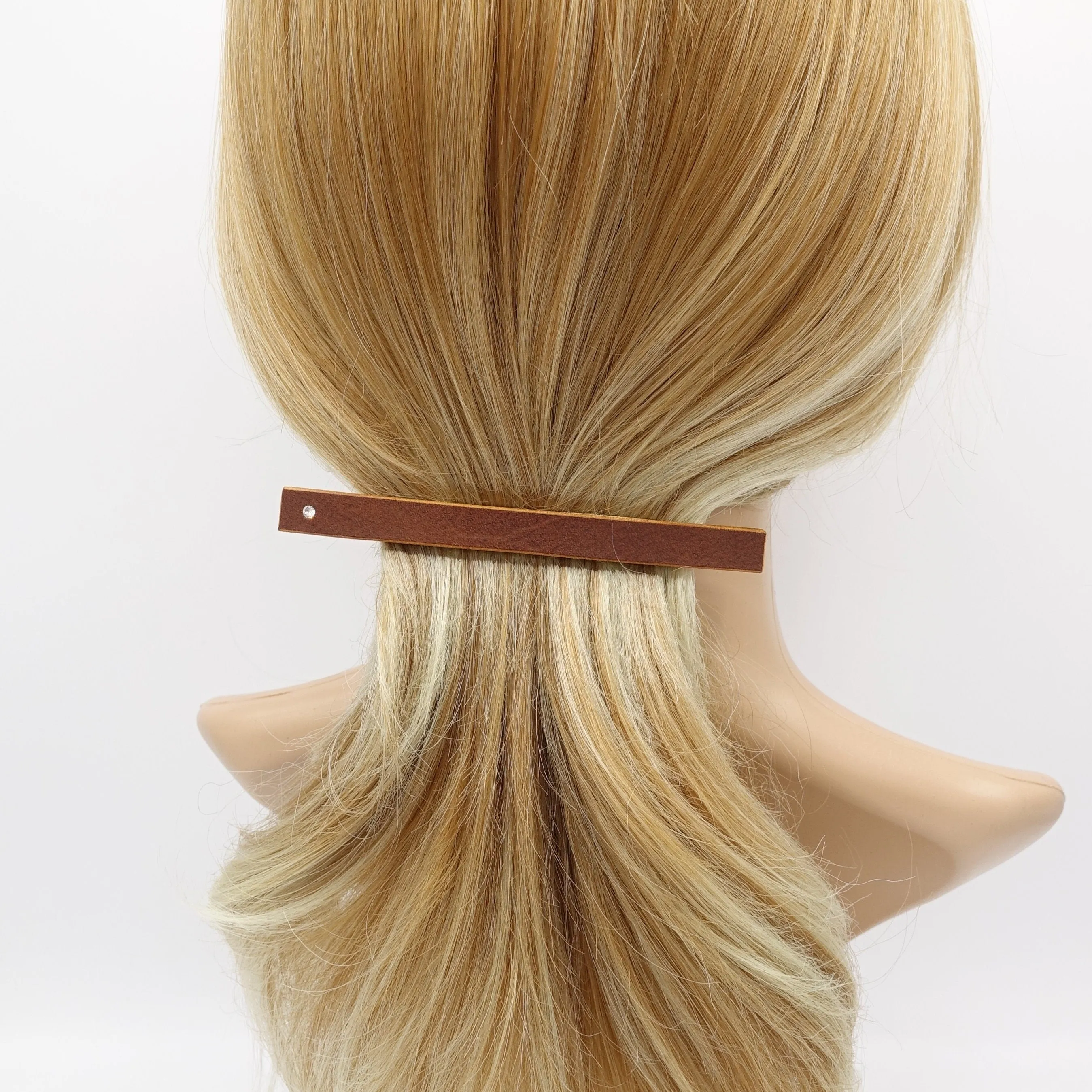 leather hair barrette, narrow leather barrette, rhinestone hair barrette for women