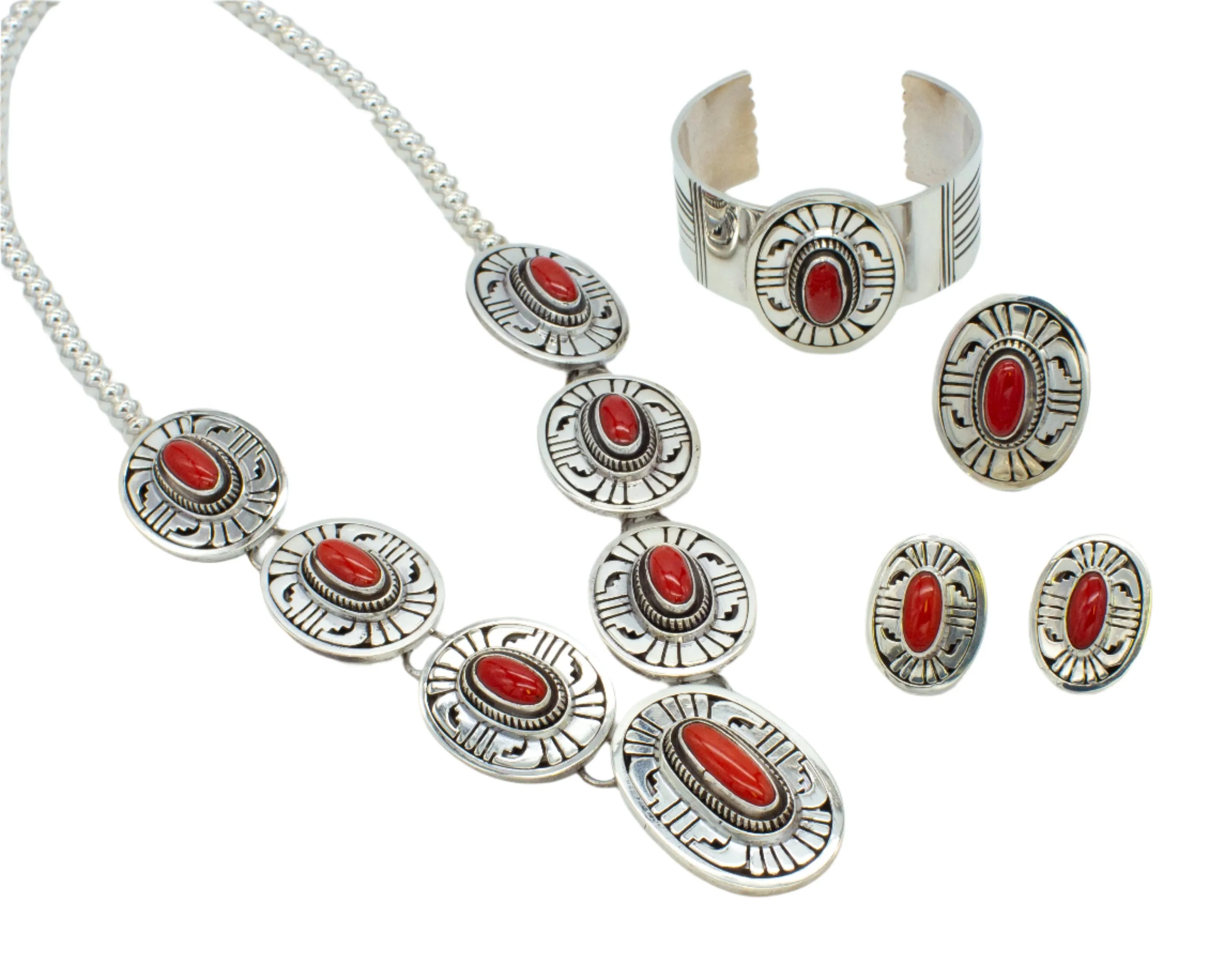 Leonard Nez Four-Piece Navajo Handmade Sterling Silver Coral Jewelry Set