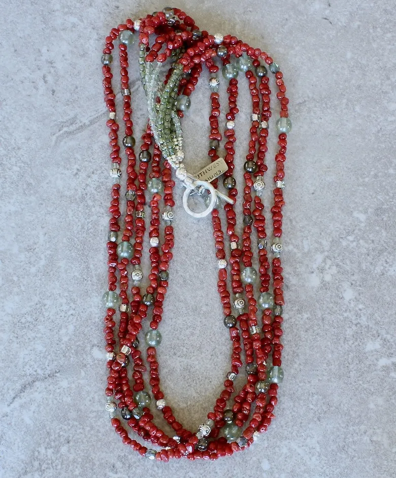 Mediterranean Coral 5-Strand Necklace with Czech Glass and Sterling Silver Beads & Toggle Clasp