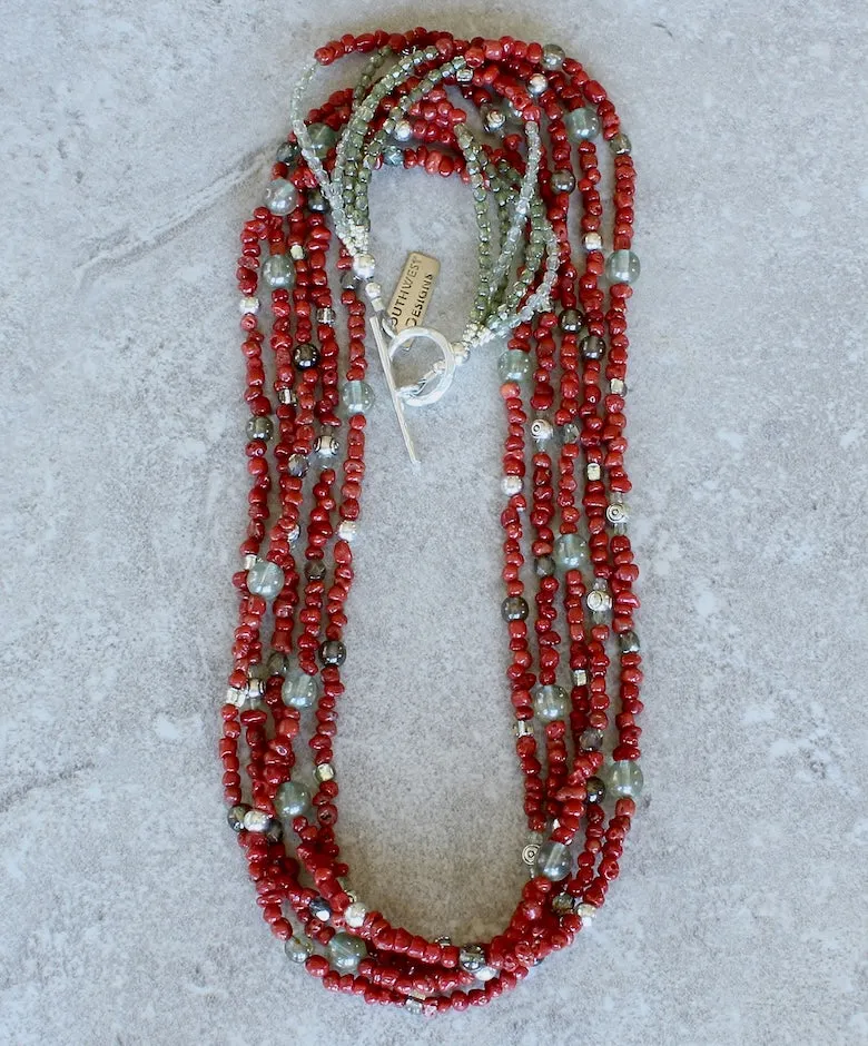 Mediterranean Coral 5-Strand Necklace with Czech Glass and Sterling Silver Beads & Toggle Clasp