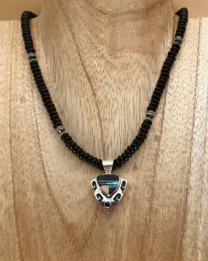 Native American Made Onyx Necklace With Jet,  Opal, & Mother of Pearl Inlay Sterling Silver Pendant