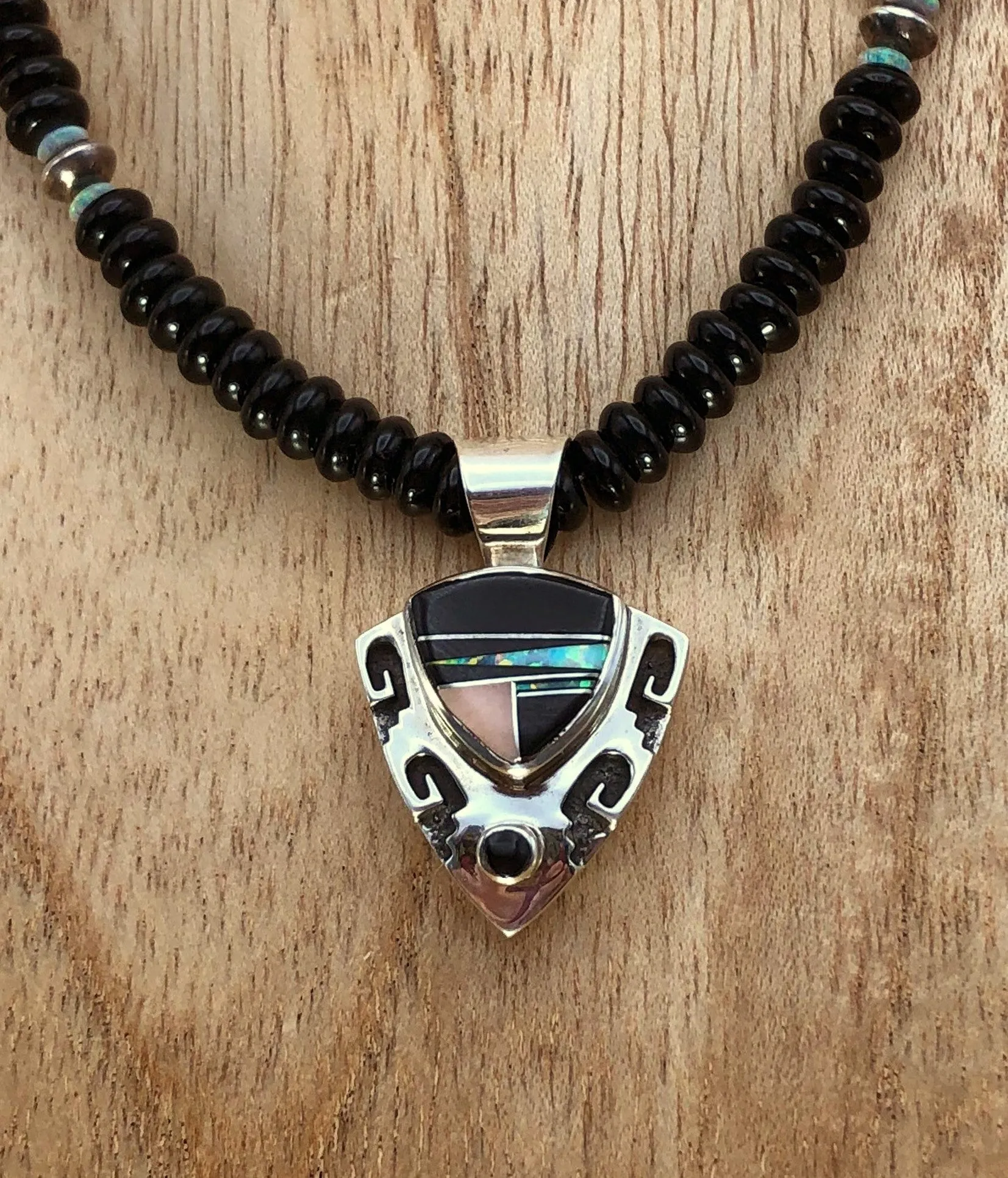 Native American Made Onyx Necklace With Jet,  Opal, & Mother of Pearl Inlay Sterling Silver Pendant