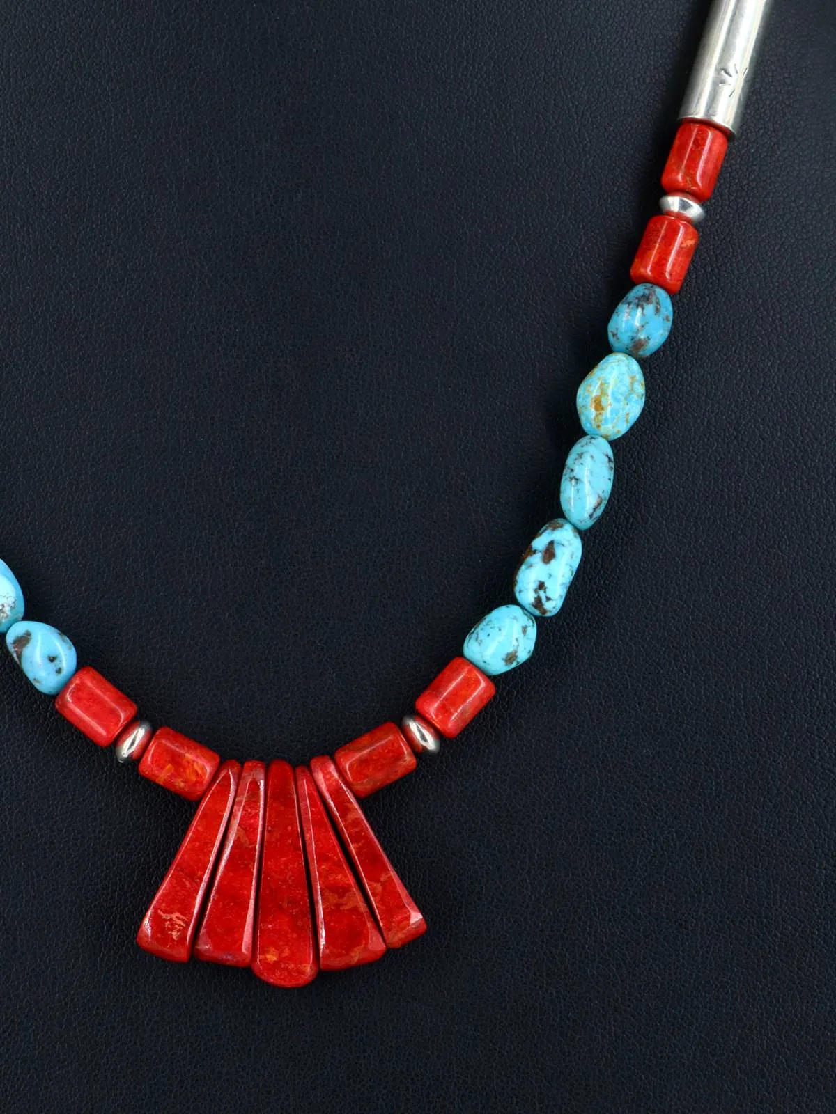 Native American Santo Domingo Turquoise and Apple Coral Necklace