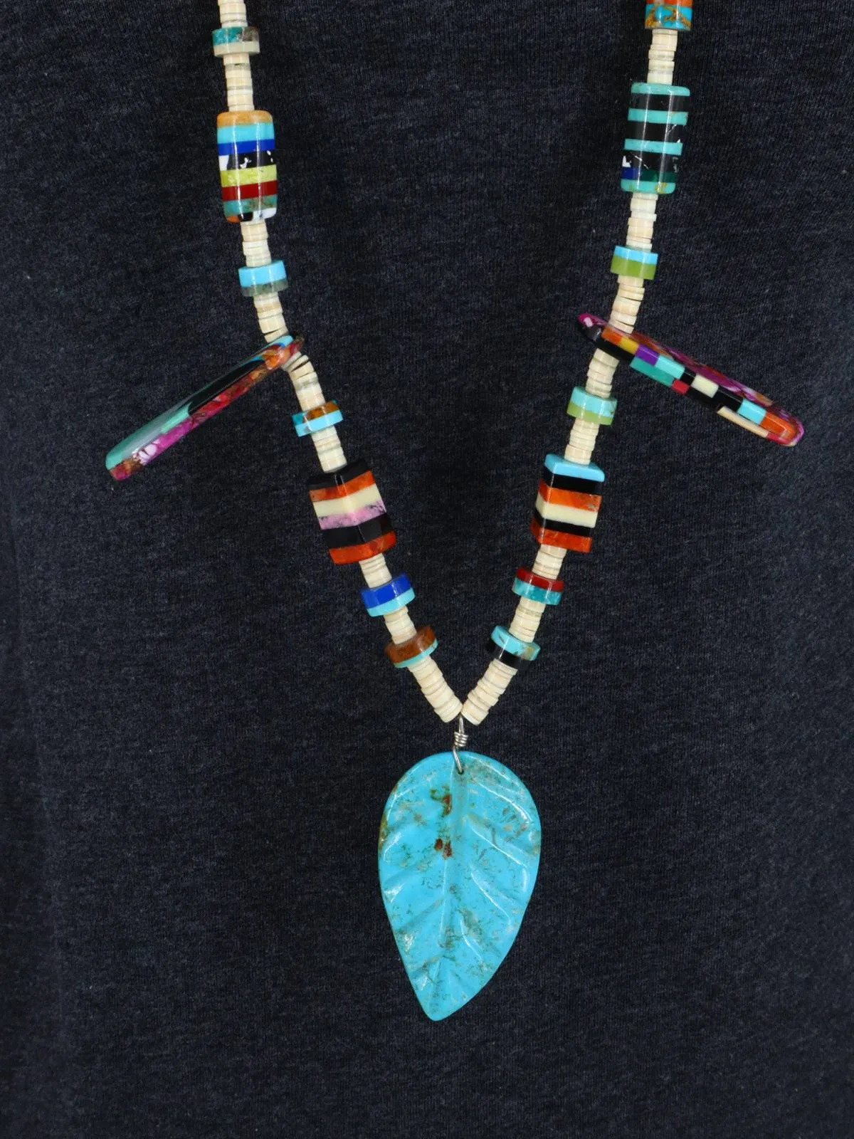 Native American Turquoise Carved Leaf Mosaic Single Strand Necklace