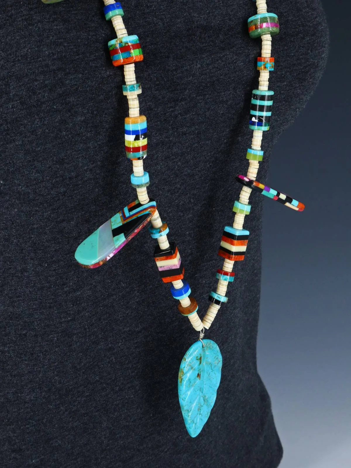 Native American Turquoise Carved Leaf Mosaic Single Strand Necklace