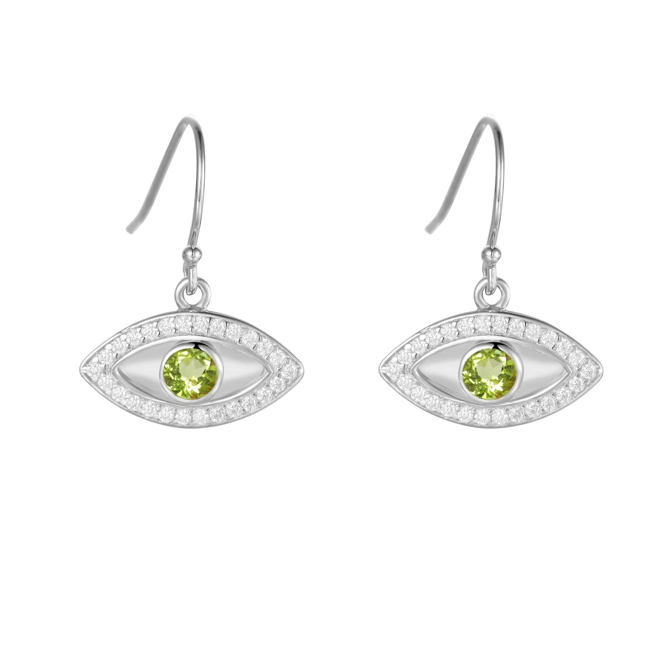 Natural Peridot Rhodium Plated Evil Eye Earrrings