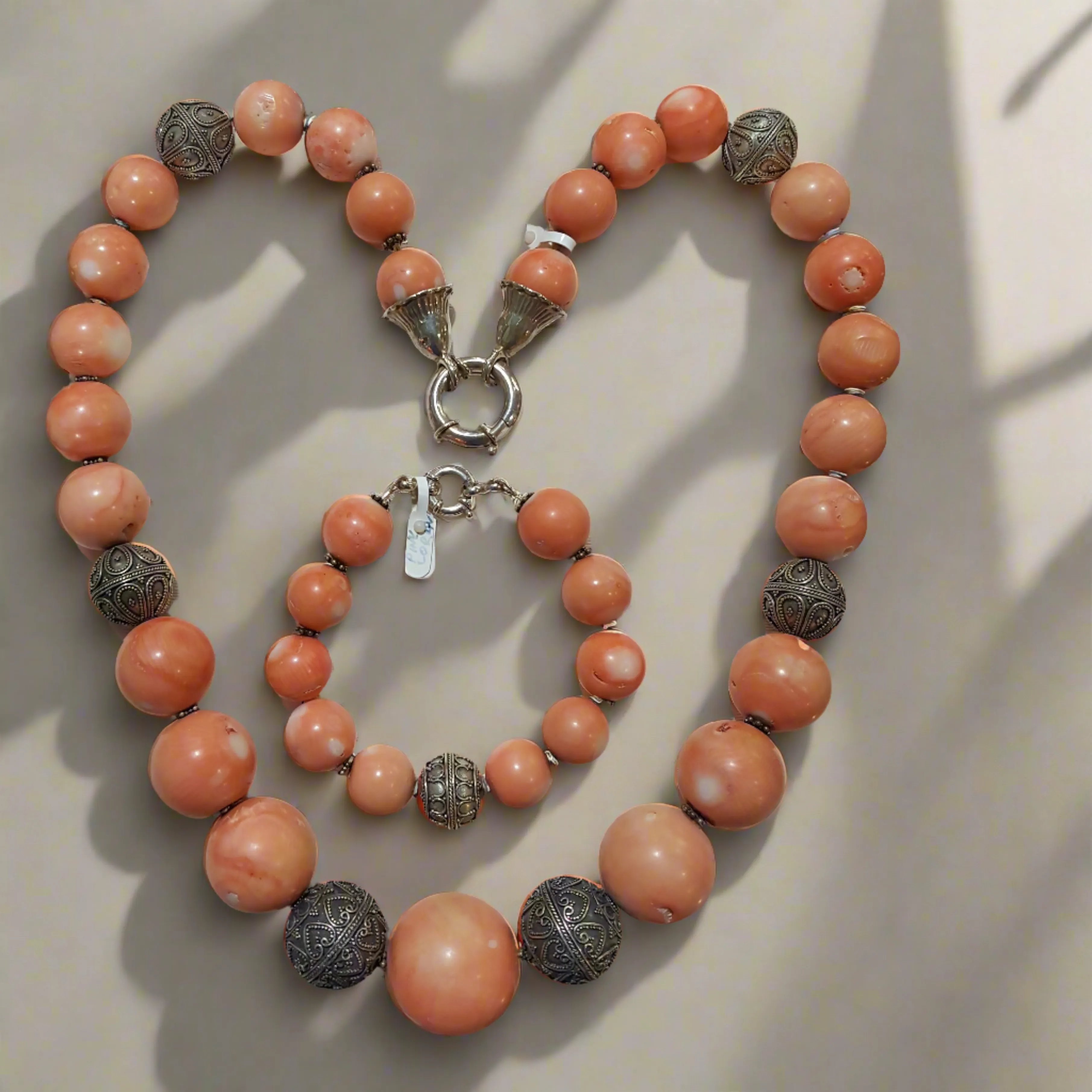 Necklace with Pink Coral Stones (Angel Skin) and Silver Elements