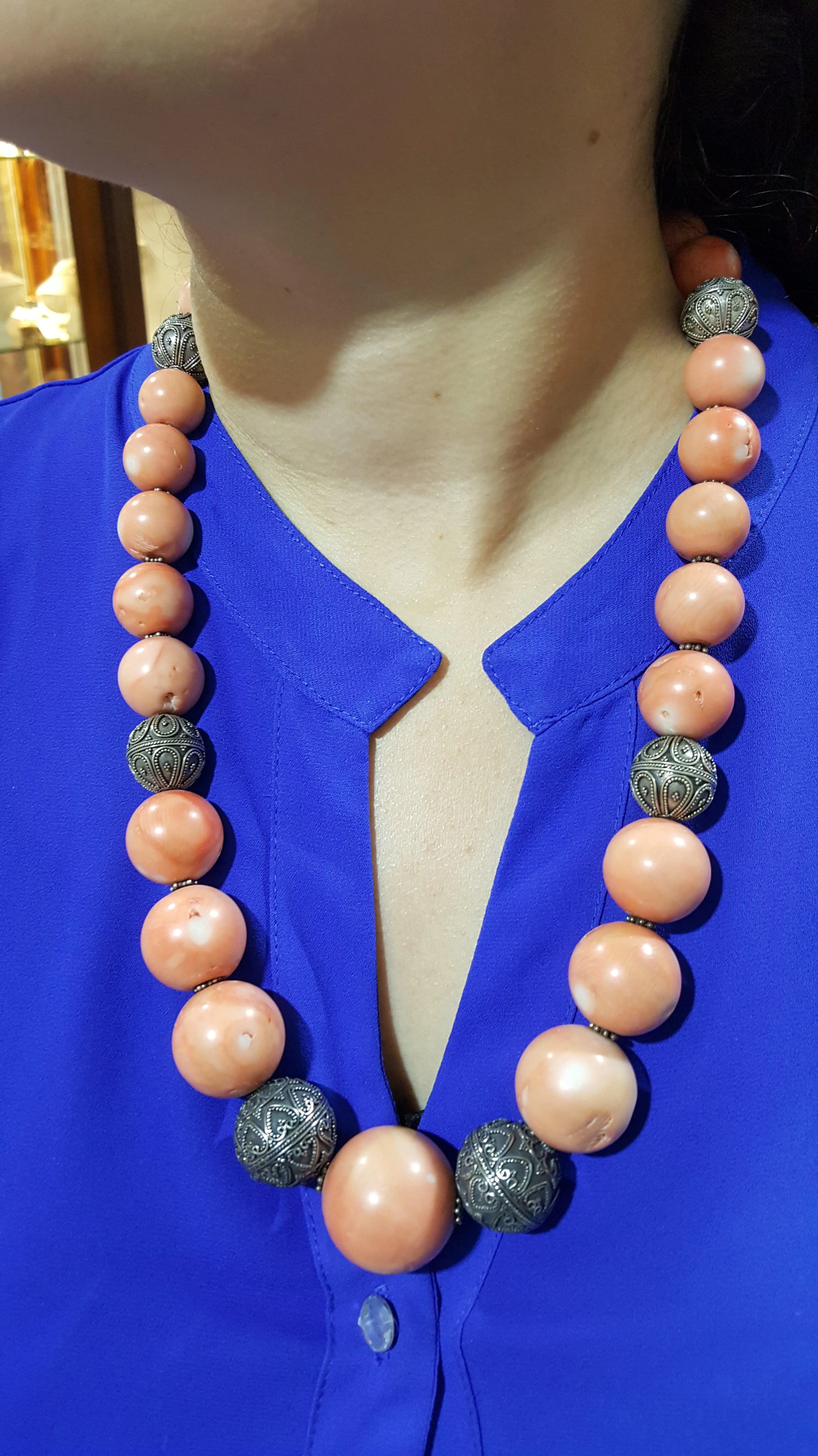 Necklace with Pink Coral Stones (Angel Skin) and Silver Elements