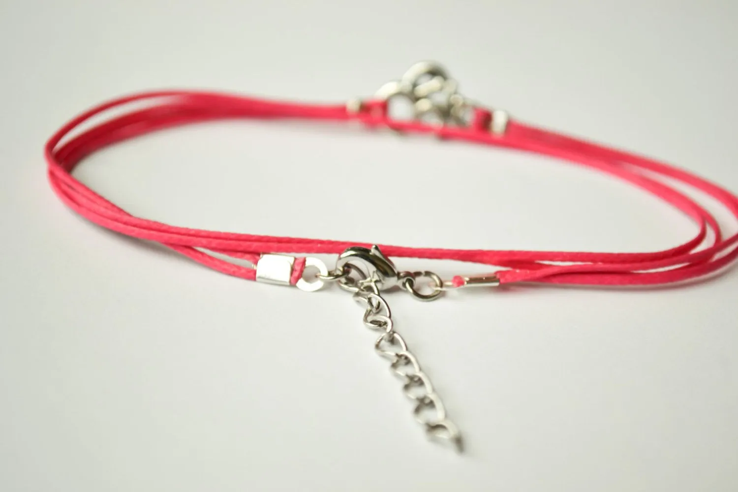 Om wrapped anklet, pink cord, silver charm, yoga ankle bracelet