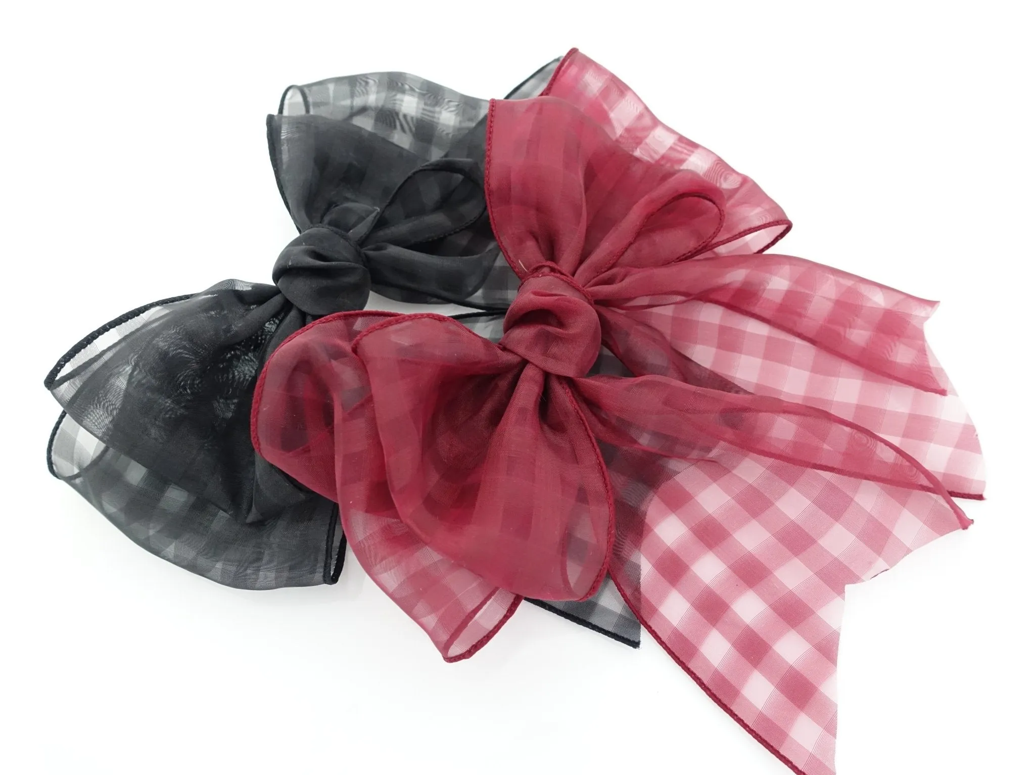 Organdy Fine Mesh Check Solid Big Bow French Hair Barrette for Women