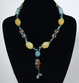 Ornate Colorful Beaded Necklace with Turquoise Chips