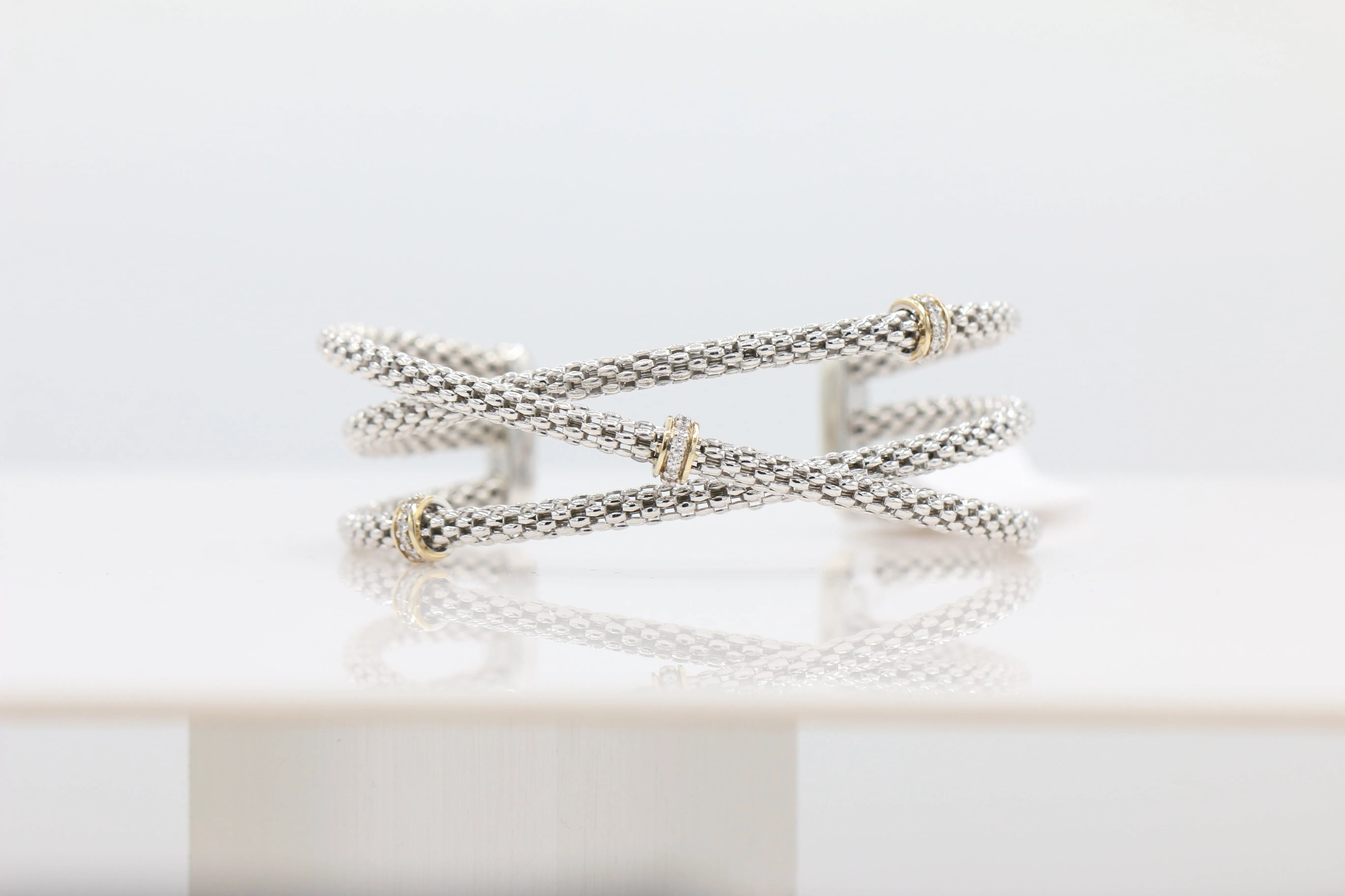 Overlapping Crossover Diamond Bangle in 14KT Yellow Gold and Sterling Silver ( 1.5ct tw dia )