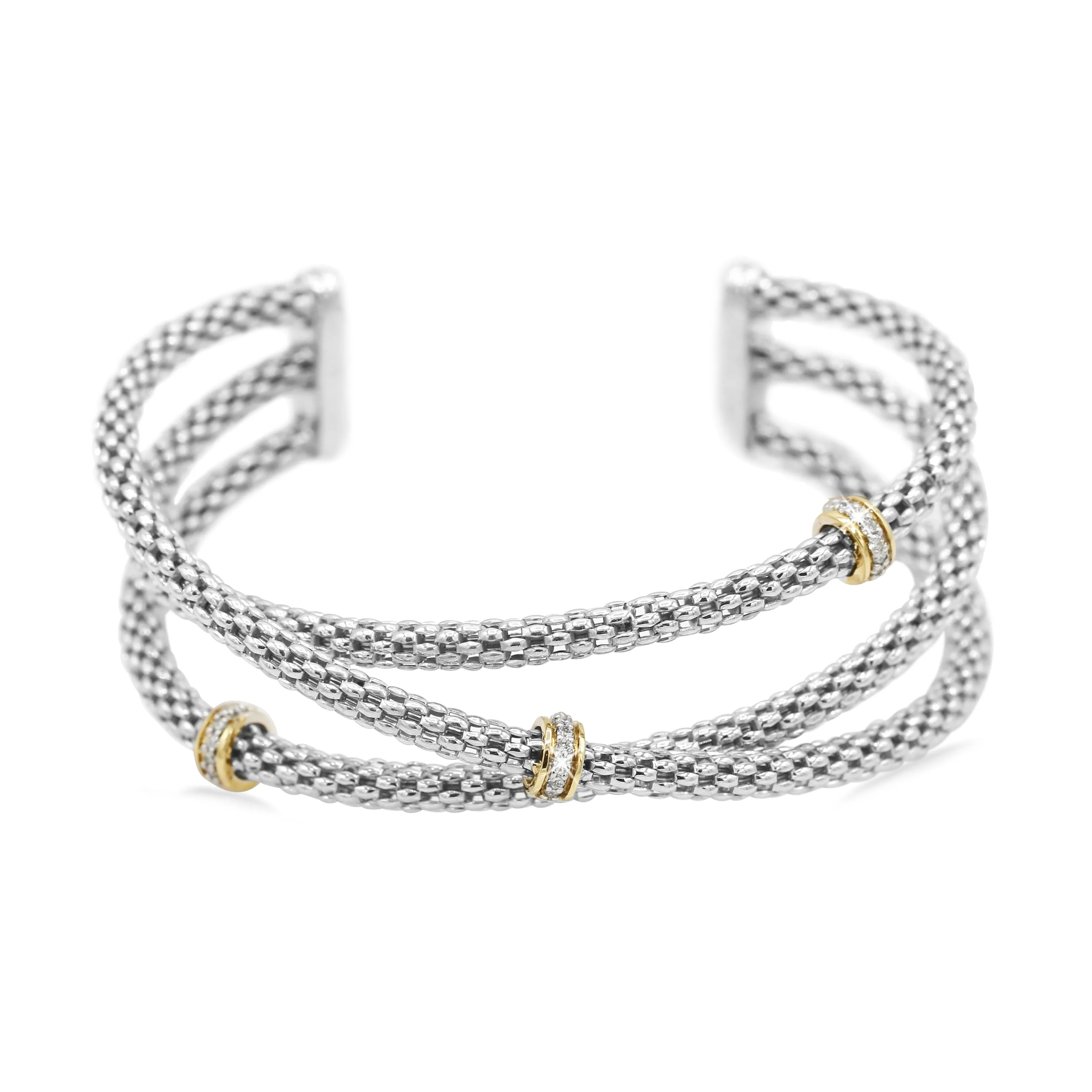 Overlapping Crossover Diamond Bangle in 14KT Yellow Gold and Sterling Silver ( 1.5ct tw dia )