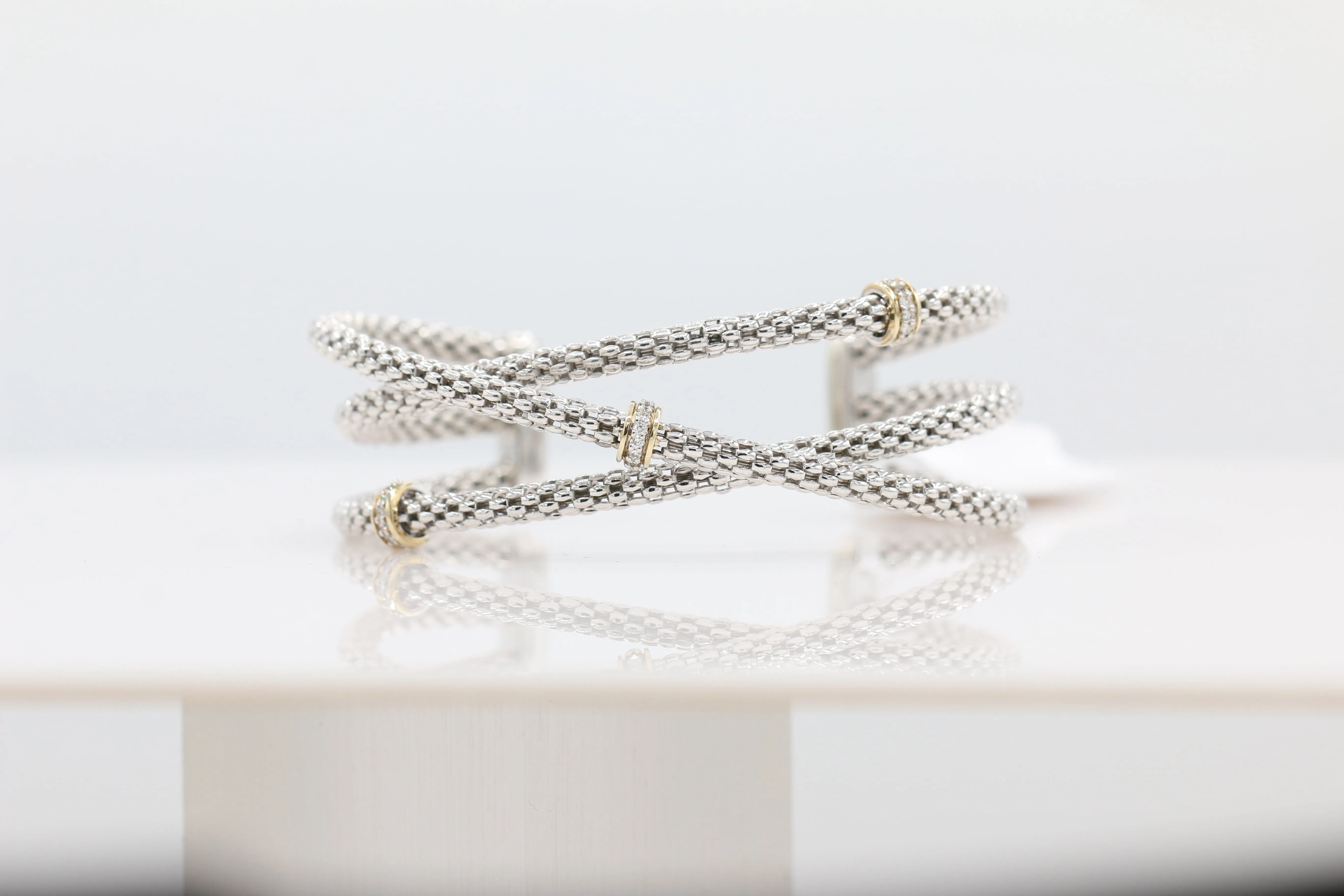 Overlapping Crossover Diamond Bangle in 14KT Yellow Gold and Sterling Silver ( 1.5ct tw dia )