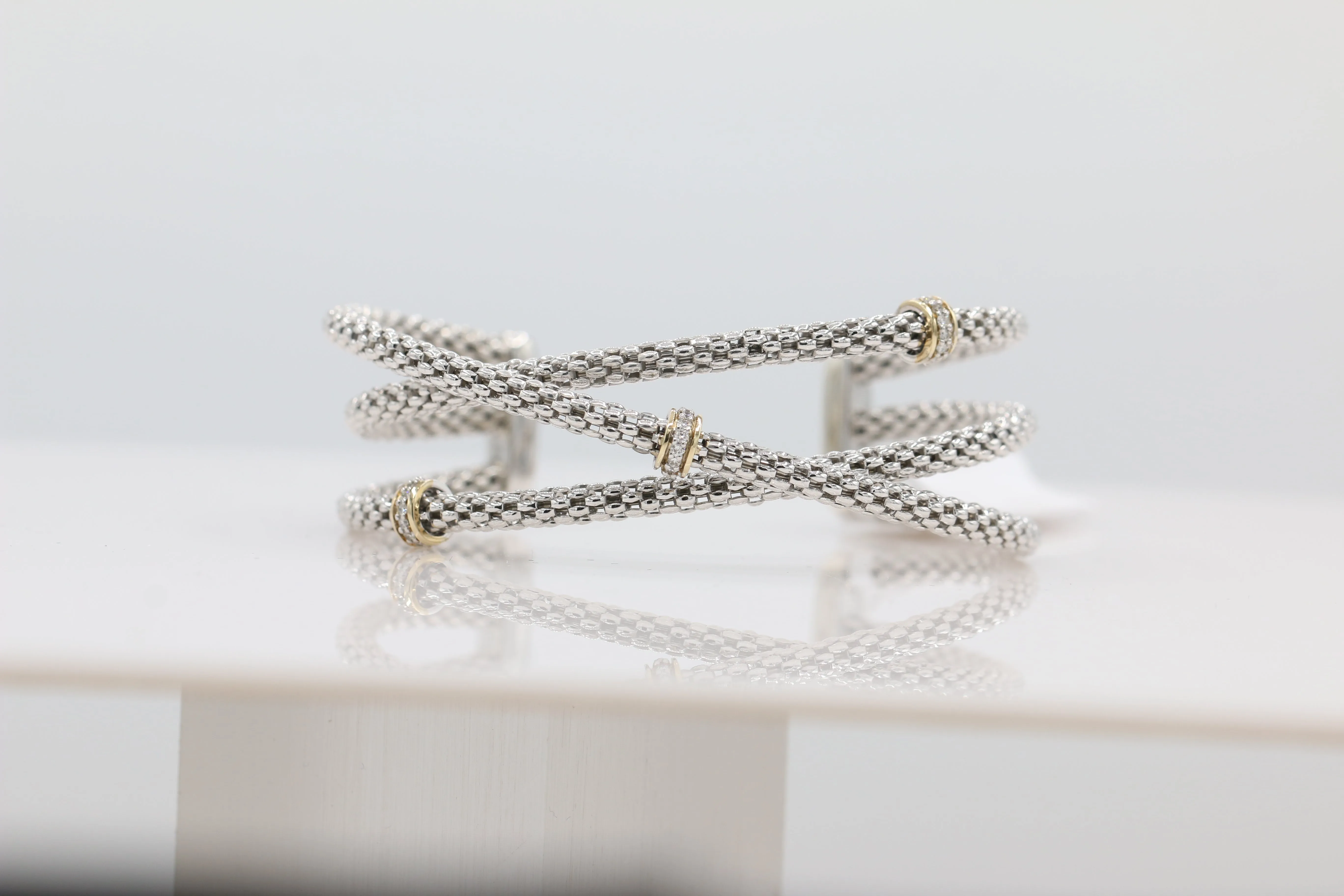 Overlapping Crossover Diamond Bangle in 14KT Yellow Gold and Sterling Silver ( 1.5ct tw dia )