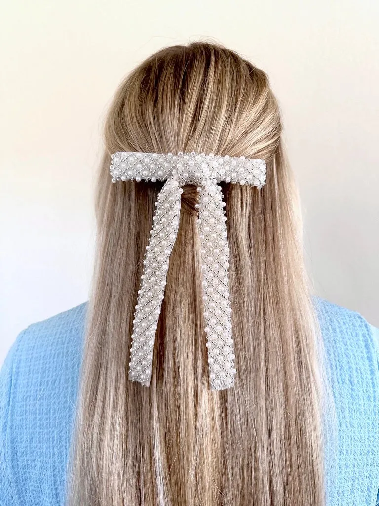 Pearl Embellished Hair Bow Barrette