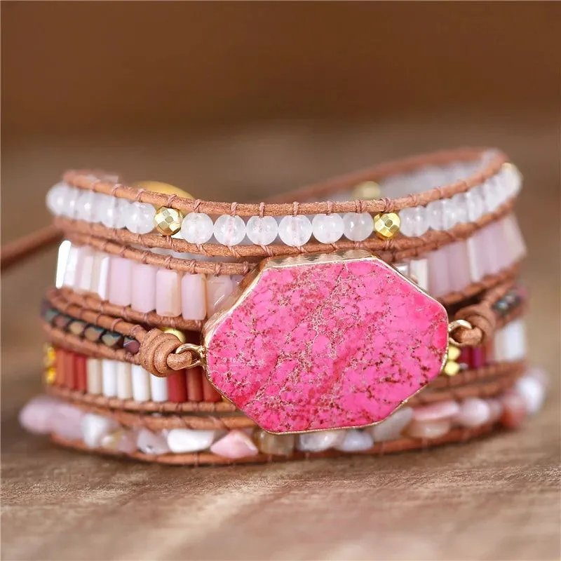 Pink Gemstone Leather Wrap Bracelet