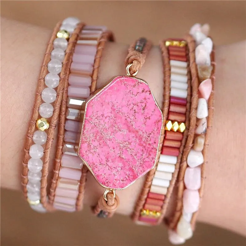 Pink Gemstone Leather Wrap Bracelet