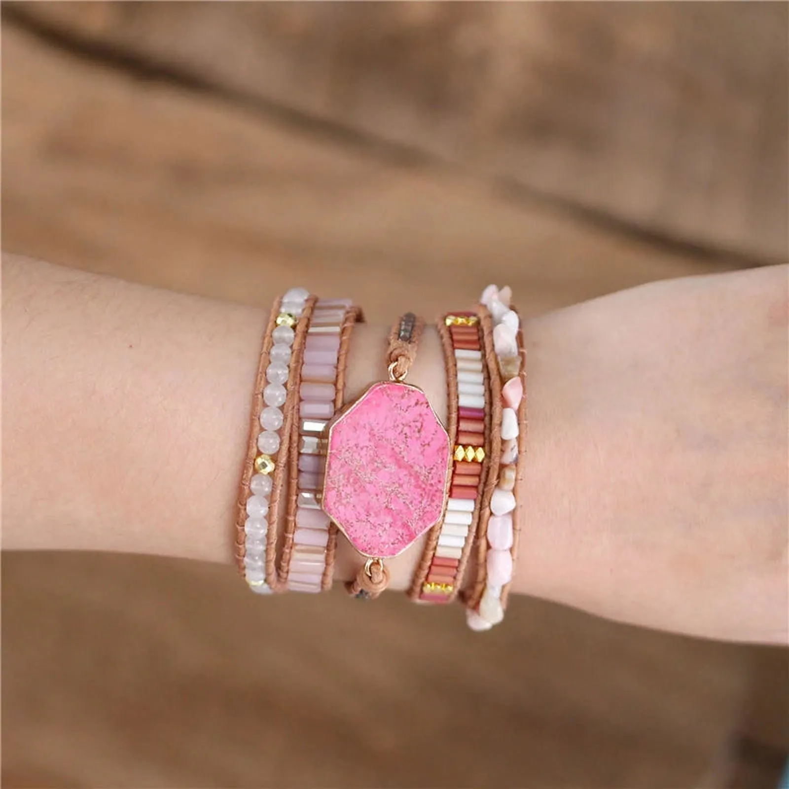 Pink Gemstone Leather Wrap Bracelet