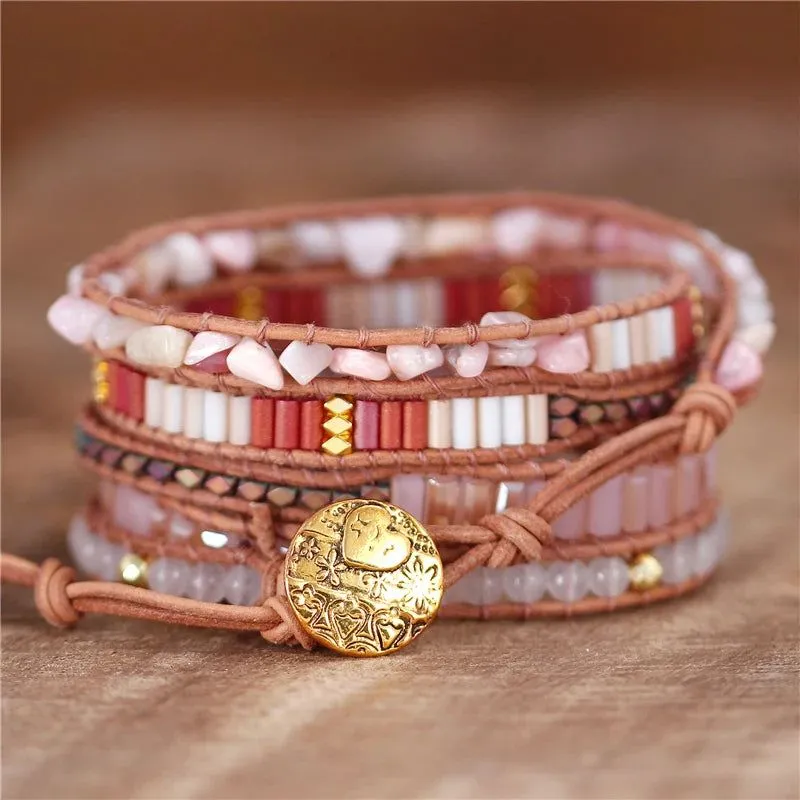 Pink Gemstone Leather Wrap Bracelet